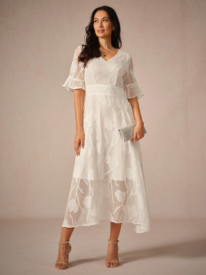 Dress for Women – Lace Maxi Dress – V-Neck – Ruffle Sleeves – Elegant Fit