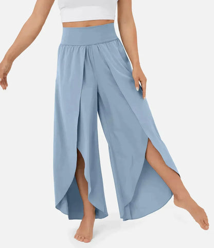 Women's Wide Pants – Flowy Fit – High Slits – Elastic Waist – Light and Comfortable