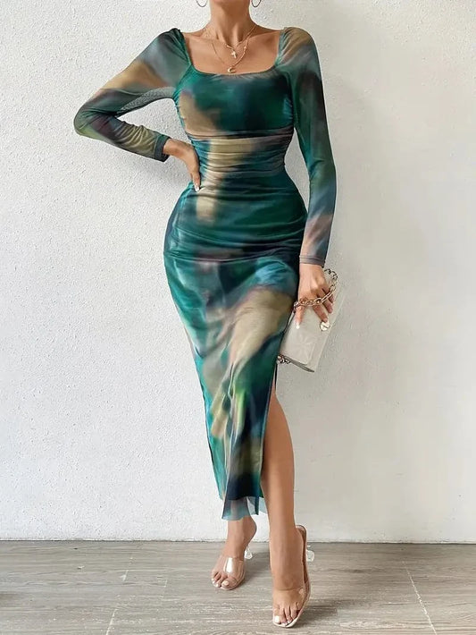 Dress with long sleeves – Tight fit – Midi length – Square neckline – Split detail