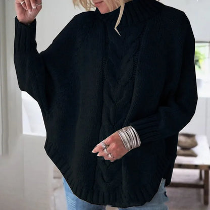 Women's Knitted Sweater - Cable Knit Poncho Design - High Neck - Oversized Fit