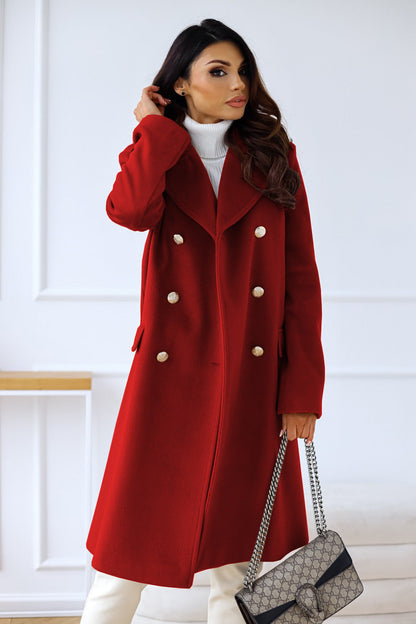 Women's Coat - Double-Breasted Wool Blend - Tailored Fit - Knee-Length with Side Pockets
