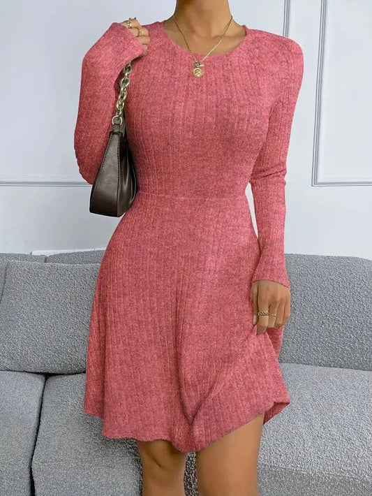 Dress for Women - Slim Fit - Ribbed Knit - Long Sleeves - Round Neck - Mini Length