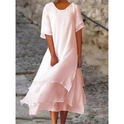 Dress for Women – Midi Dress in Natural Fibers – Loose A-line – Layered Hem – Elbow-length Sleeve