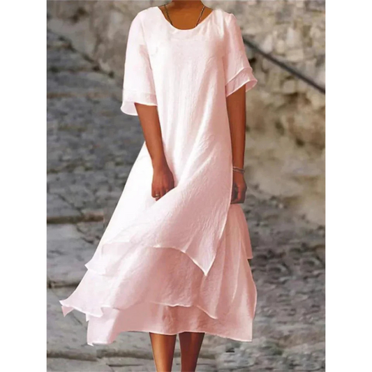Dress for Women – Midi Dress in Natural Fibers – Loose A-line – Layered Hem – Elbow-length Sleeve