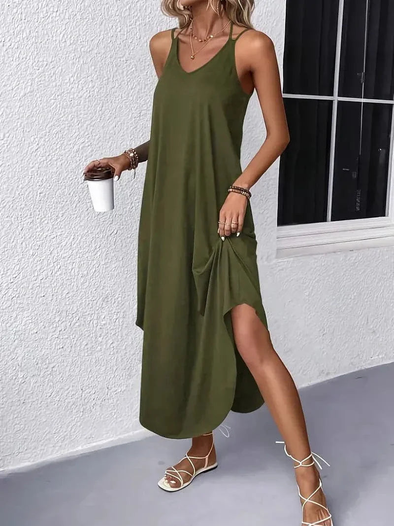 Women's Maxi Dress - Sleeveless V-neck - Loose Fit - Thin Straps - High Slit