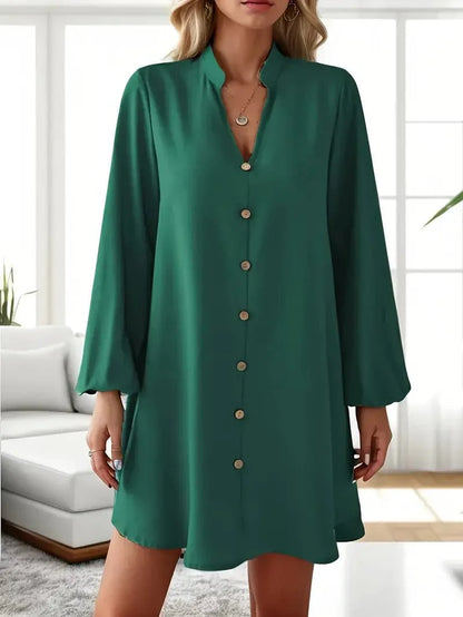 Dame Skjortekjole – Knelang – V-hals – Lange Ermer – Elegant og Casual