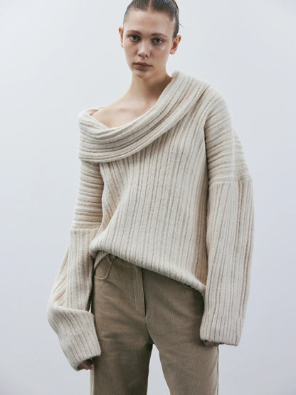 Women's Sweater – Oversized Fit – Ribbed Knit Wool – Off Shoulder Design