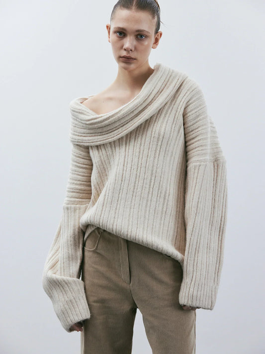 Women's Sweater – Oversized Fit – Ribbed Knit Wool – Off Shoulder Design