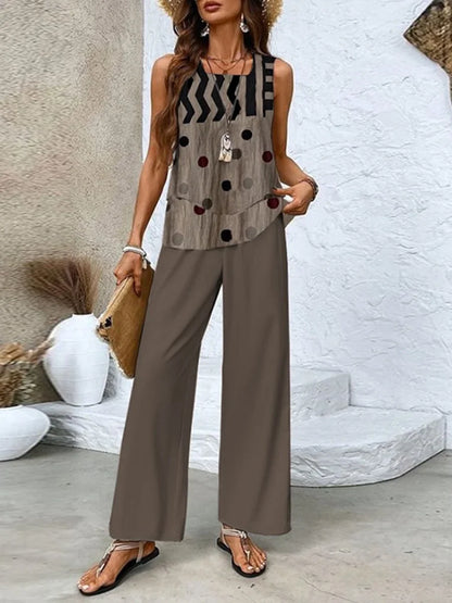 Women's Set with Top and Wide Pants – Relaxed Fit – Breathable Fabric – Sleeveless