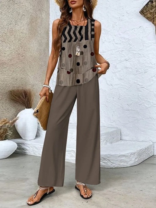 Women's Set with Top and Wide Pants – Relaxed Fit – Breathable Fabric – Sleeveless
