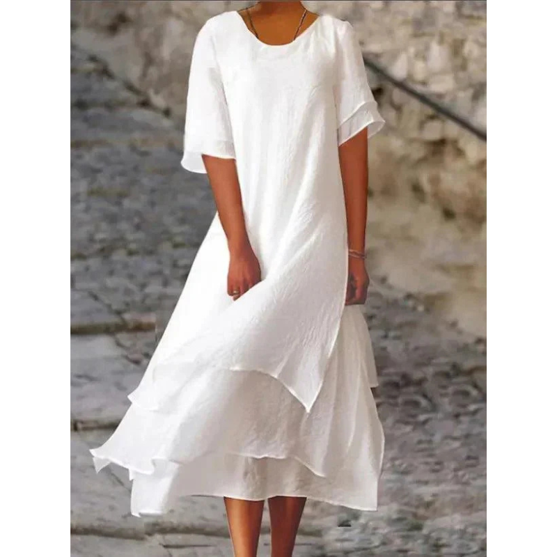 Dress for Women – Midi Dress in Natural Fibers – Loose A-line – Layered Hem – Elbow-length Sleeve