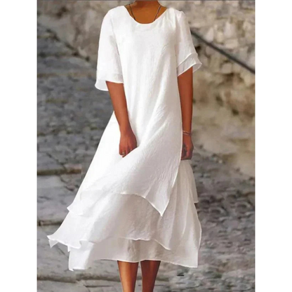Dress for Women – Midi Dress in Natural Fibers – Loose A-line – Layered Hem – Elbow-length Sleeve