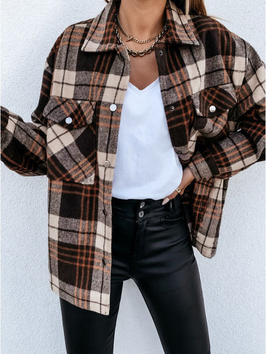 Women's Shirt Jacket – Oversized Fit – Flannel – Check Pattern – Button Front