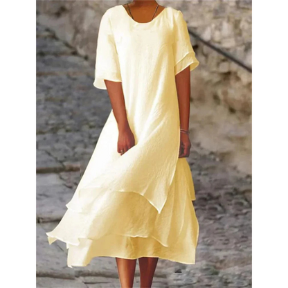Dress for Women – Midi Dress in Natural Fibers – Loose A-line – Layered Hem – Elbow-length Sleeve
