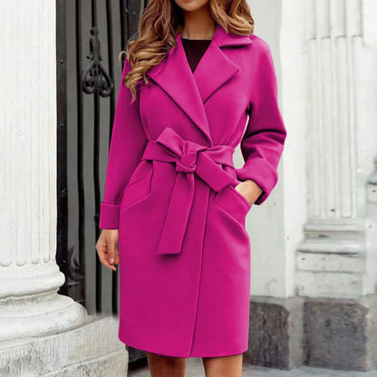 Women's Trench Coat – Wool Blend – Tailored Fit – Belt at Waist – Knee Length
