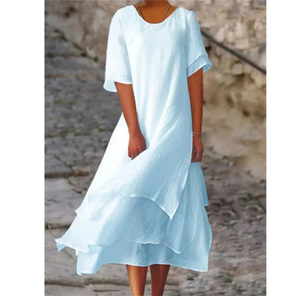 Dress for Women – Midi Dress in Natural Fibers – Loose A-line – Layered Hem – Elbow-length Sleeve