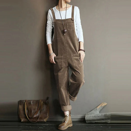 Women's Overall Pants – Relaxed Fit – Textured Ribbed Fabric – Adjustable Straps – Full Length