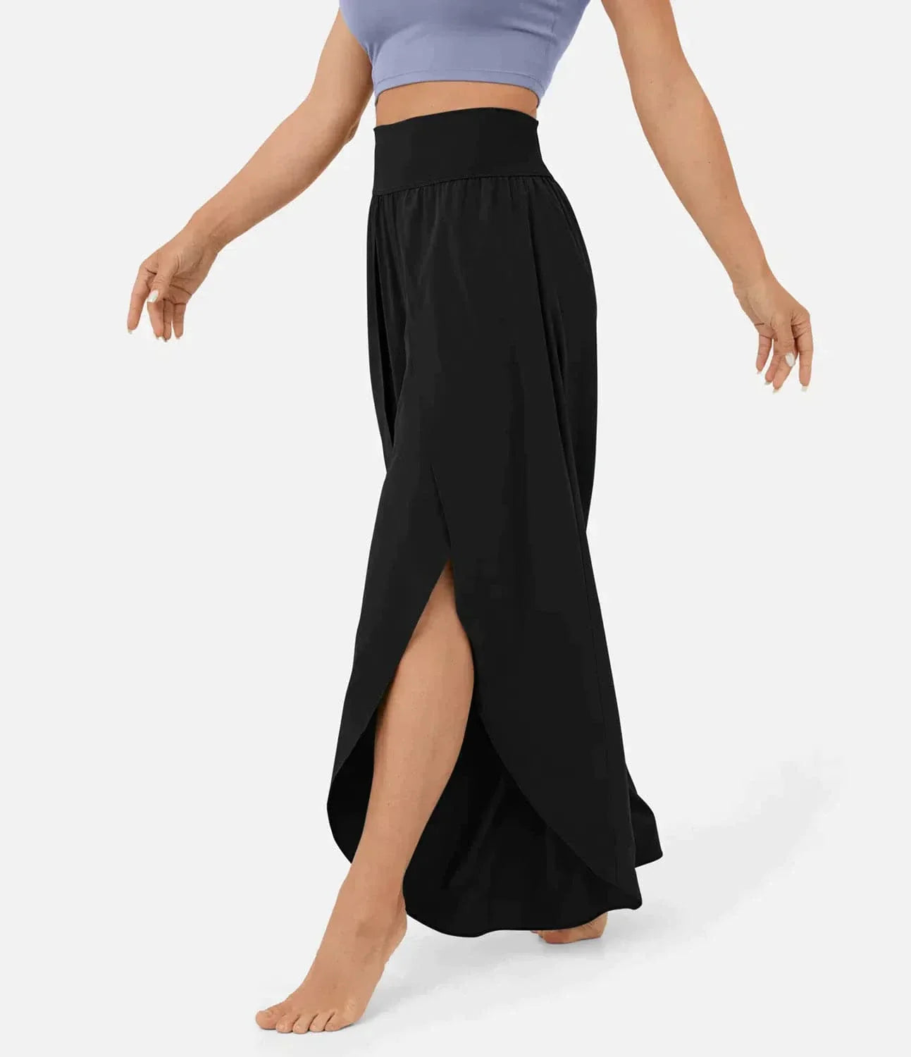 Women's Wide Pants – Flowy Fit – High Slits – Elastic Waist – Light and Comfortable