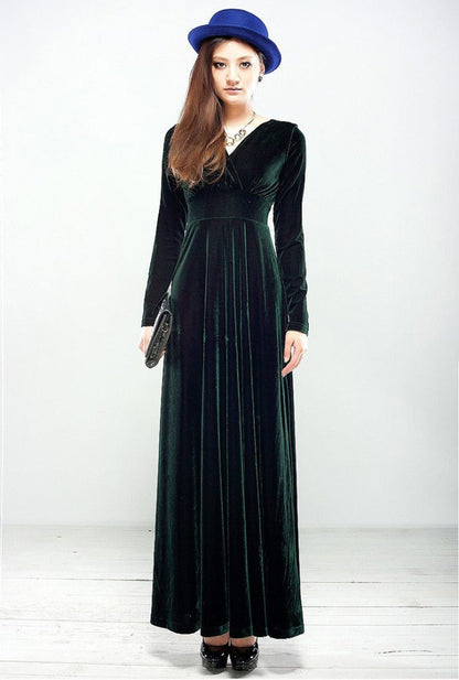 Dress for Women – Velvet – Wrap Bodice – V-Neck – Floor Length – Long Sleeves