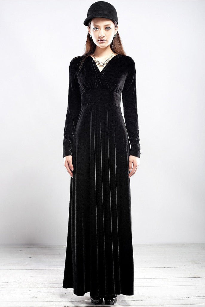 Dress for Women – Velvet – Wrap Bodice – V-Neck – Floor Length – Long Sleeves
