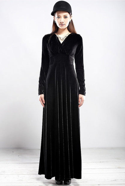 Dress for Women – Velvet – Wrap Bodice – V-Neck – Floor Length – Long Sleeves