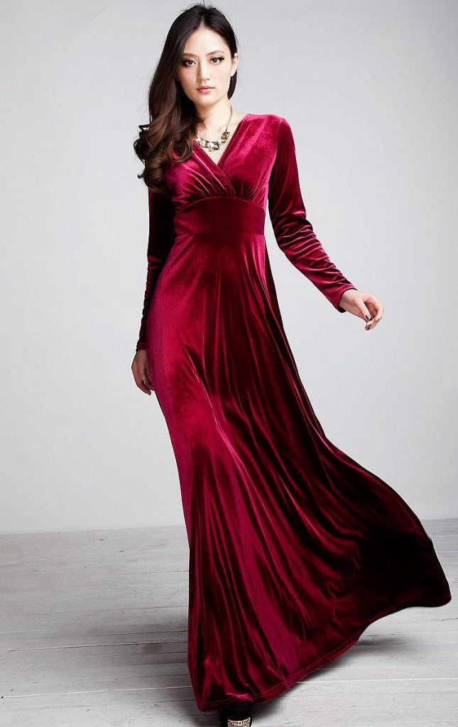 Dress for Women – Velvet – Wrap Bodice – V-Neck – Floor Length – Long Sleeves