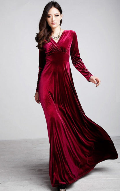 Dress for Women – Velvet – Wrap Bodice – V-Neck – Floor Length – Long Sleeves