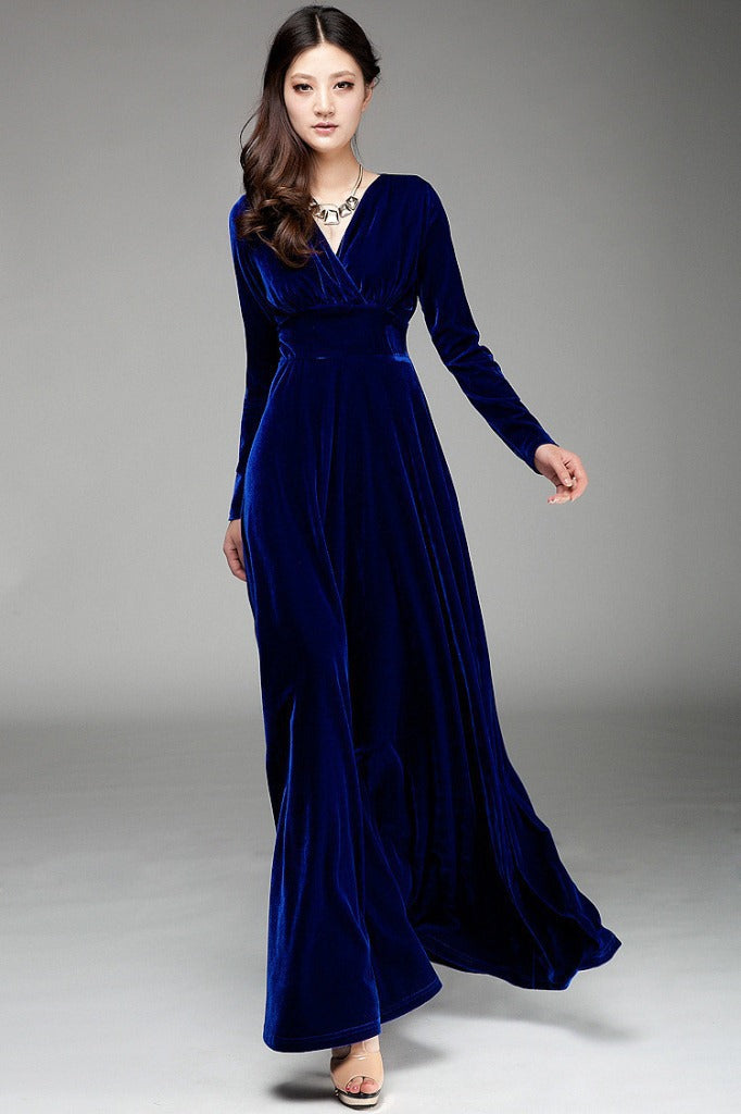 Dress for Women – Velvet – Wrap Bodice – V-Neck – Floor Length – Long Sleeves