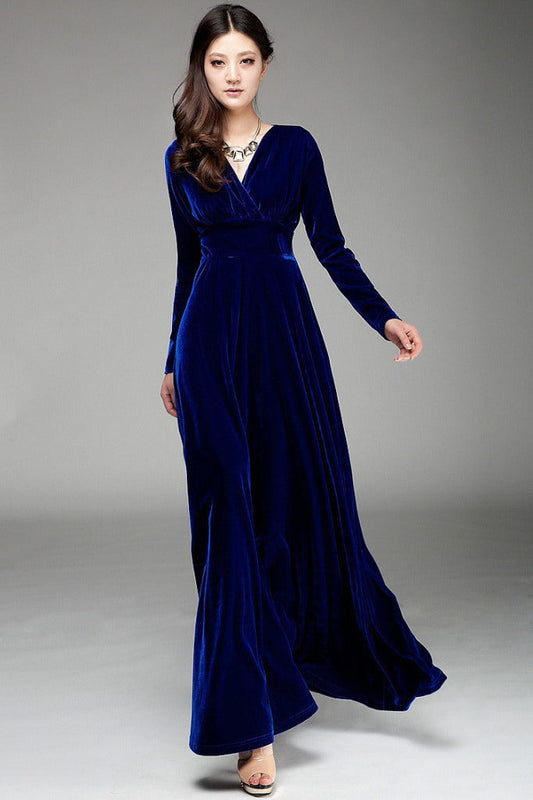 Dress for Women – Velvet – Wrap Bodice – V-Neck – Floor Length – Long Sleeves