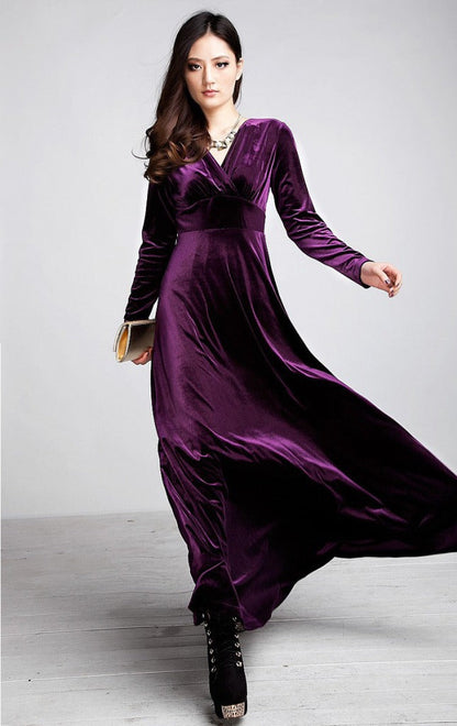 Dress for Women – Velvet – Wrap Bodice – V-Neck – Floor Length – Long Sleeves