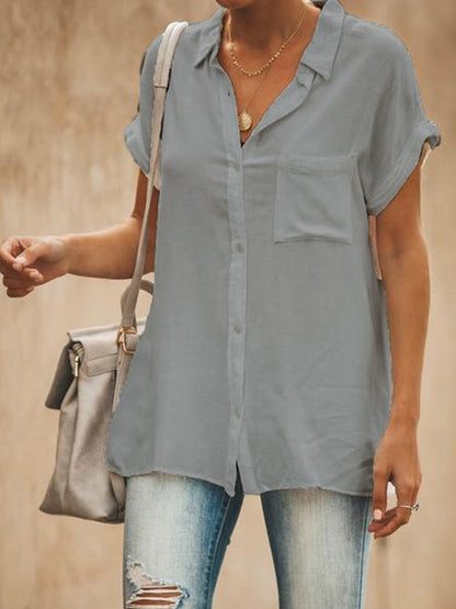 Women's Blouse with Collar – Relaxed Fit – Short Sleeves – Breathable Fabric – Front Buttoning