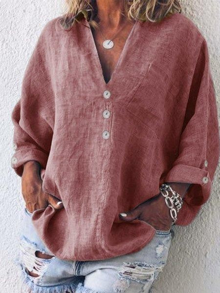 Women's Blouse – Oversized Fit – V-Neck – Buttons – Long-Sleeved Breathable Design