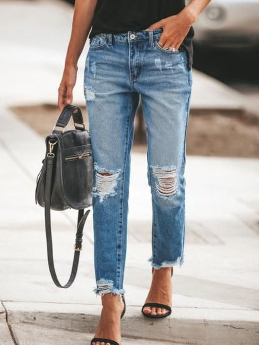 Women's Pants – Relaxed Fit – Ankle Length – Distressed Denim – Streetwear Style