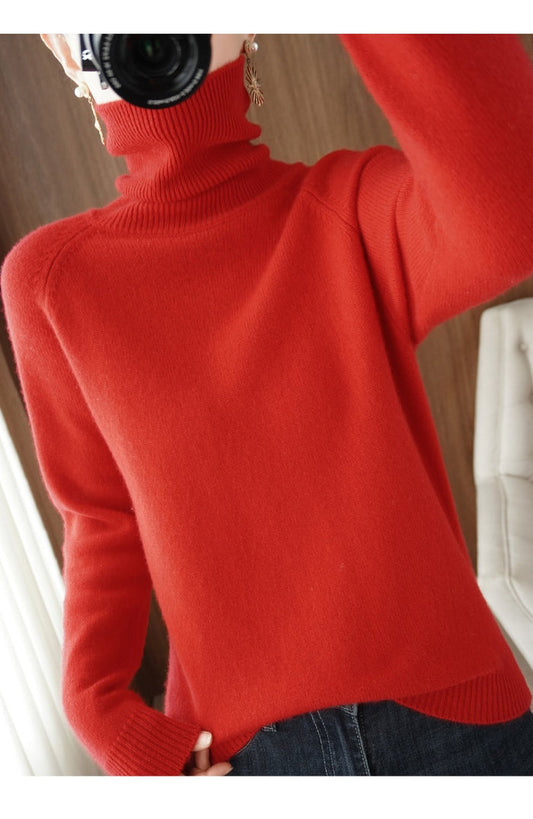 Women's Turtleneck Sweater - Soft Knitted Fabric - Comfortable Fit - Ribbed Details