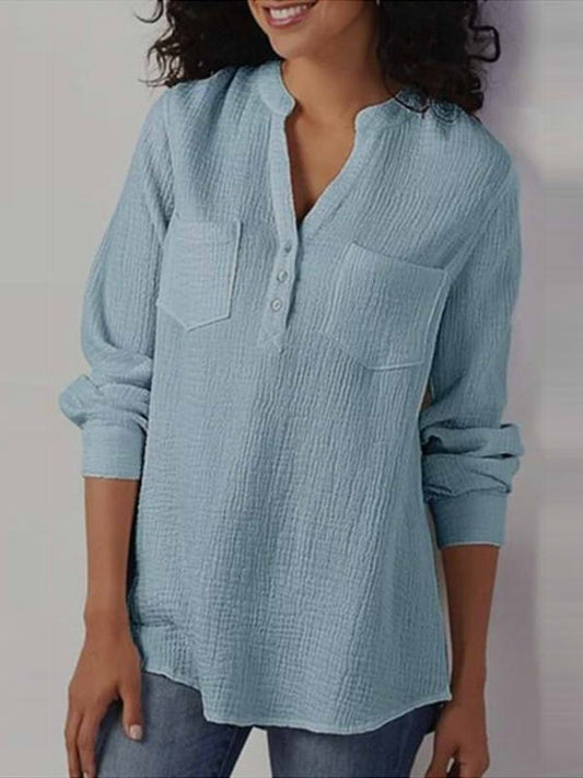 Women's Blouse – Relaxed Fit – Long Sleeve – Crinkled Breathable Fabric – Chest Pockets