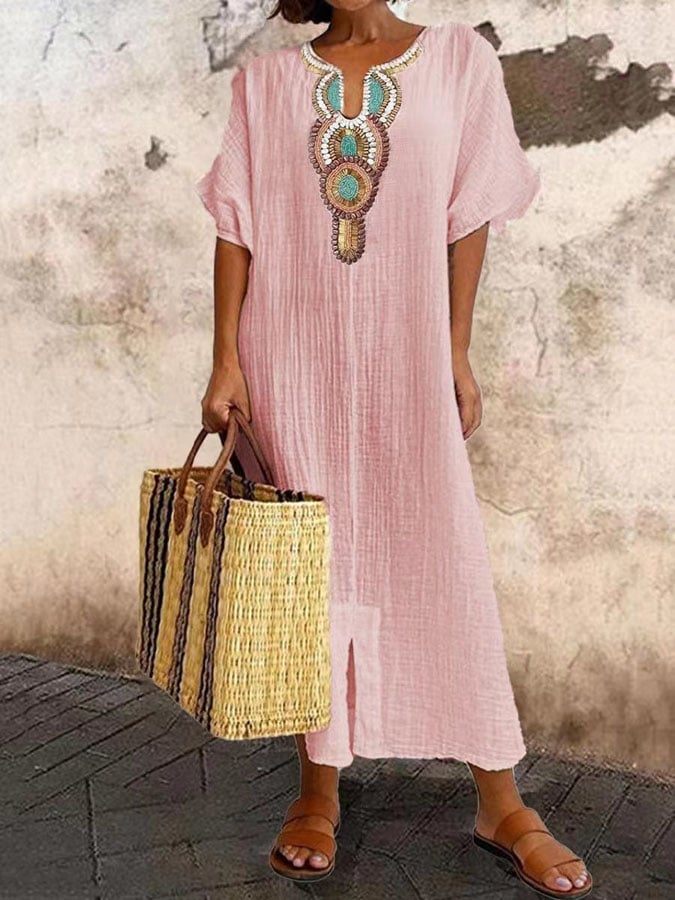 Women's Caftan Dress – Relaxed Fit – Embroidered Neckline – Breathable Fabric