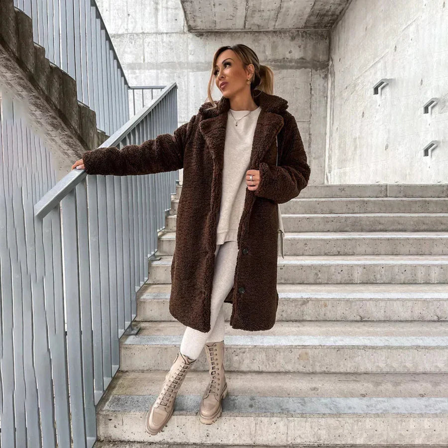 Women's Long Coat – Plush Texture – Relaxed Fit – Full Length – Button Closure