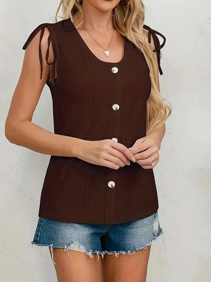 Women's Sleeveless Blouse – Button Front – Adjustable Shoulder Straps – Textured Fabric