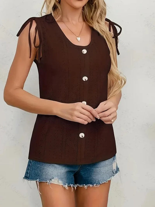 Women's Sleeveless Blouse – Button Front – Adjustable Shoulder Straps – Textured Fabric