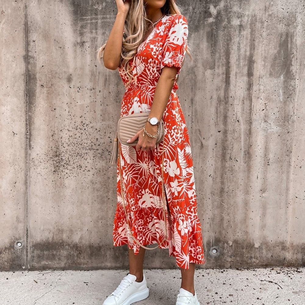 Women's Midi Dress - V-neck - Short Puff Sleeves - Fitted Waist - Floral Print