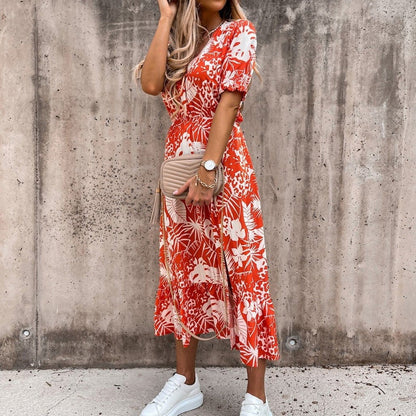 Women's Midi Dress - V-neck - Short Puff Sleeves - Fitted Waist - Floral Print