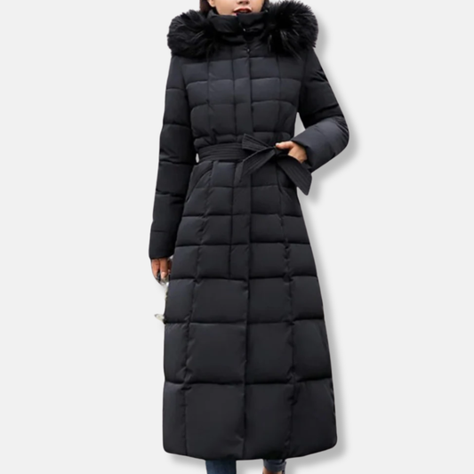 Women's Coat – Quilted and Insulated – Belt at the Waist – Lined Hood – Long Model