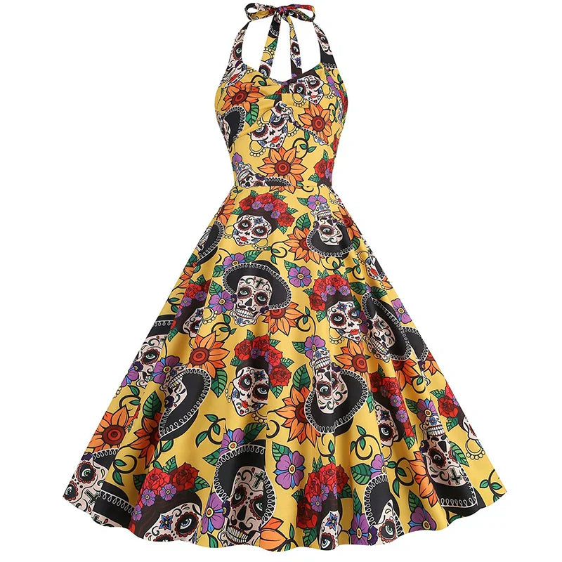 Dress for Women – Midi Length – Halterneck – Fitted Waist – A-line Skirt – Skull Flowers