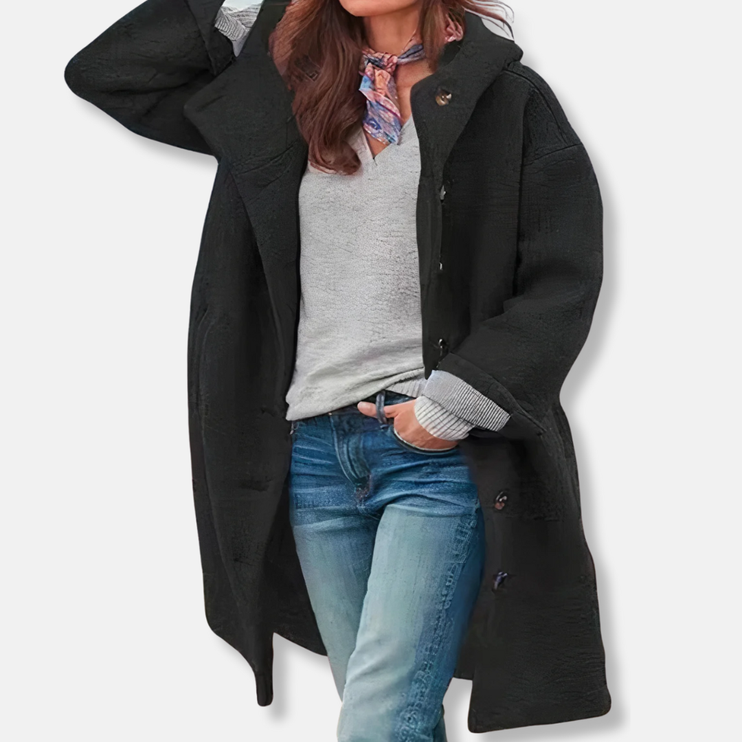 Eliza Wool Oversized Coat | Hooded Knee-Length Coat