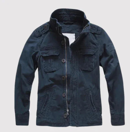 Men's Denim Jacket – Regular Fit – Button Closure – High Collar – Multiple Pockets – Epaulettes