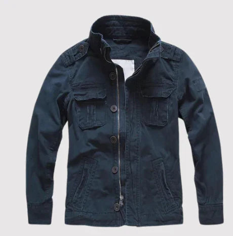 Men's Denim Jacket – Regular Fit – Button Closure – High Collar – Multiple Pockets – Epaulettes