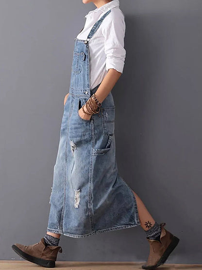 Women's Denim Dress – Relaxed Fit – Midi Length – Adjustable Straps – Distressed Style