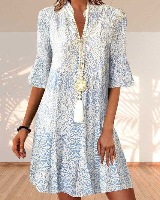 Dress for Women – Mini Length – Relaxed Fit – Half Sleeve – V-Neck – Boho Pattern