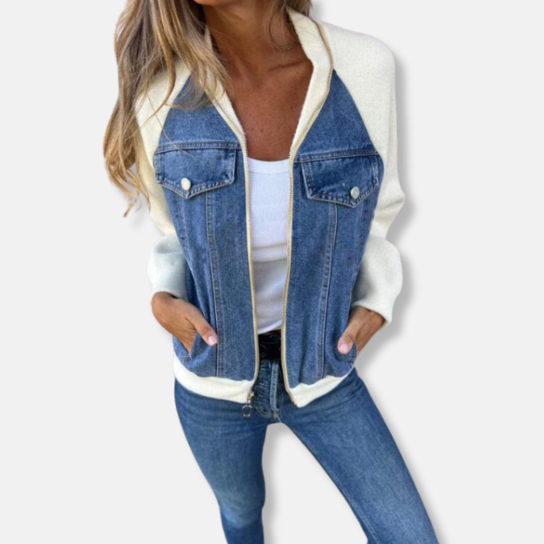 Women's Bomber Jacket – Wool Blend – Denim Details – Zipper – Regular Fit