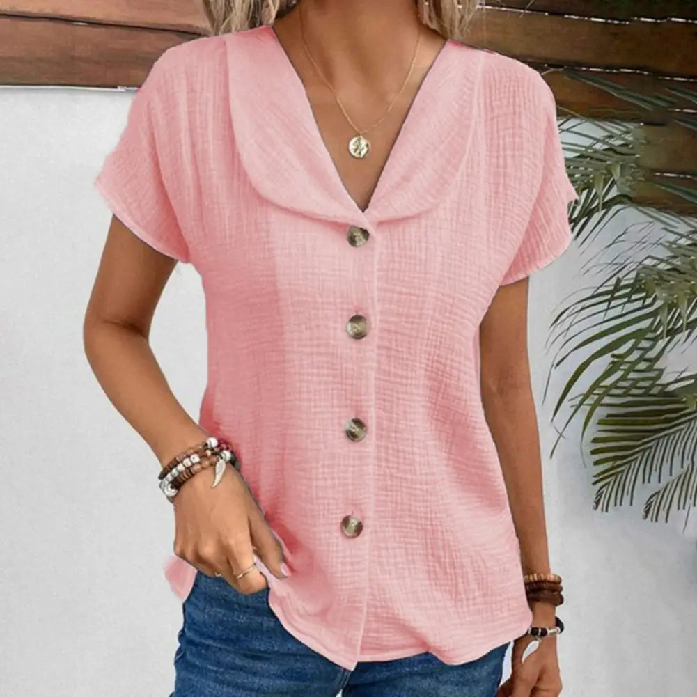Women's Blouse – Relaxed Fit – Crinkle Texture – Short Sleeve – Cropped Length